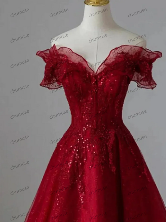 Vestido de noche de tul rojo con hombros descubiertos, vestido de fiesta rojo, vestido de fiesta de hadas, vestido de novia, vestido de princesa, vestido de fiesta elegante, vestido de dama de honor, vestido