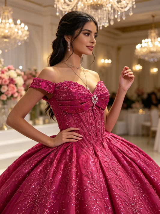 Hot Pink Quinceañera Ball Gown with Detachable Cape | Custom Color US0‑US30