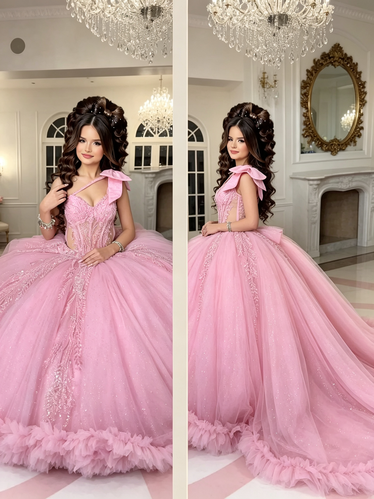 Pink One‑Shoulder Quinceañera Gown With Shoulder Bow | Custom Color US0‑US30