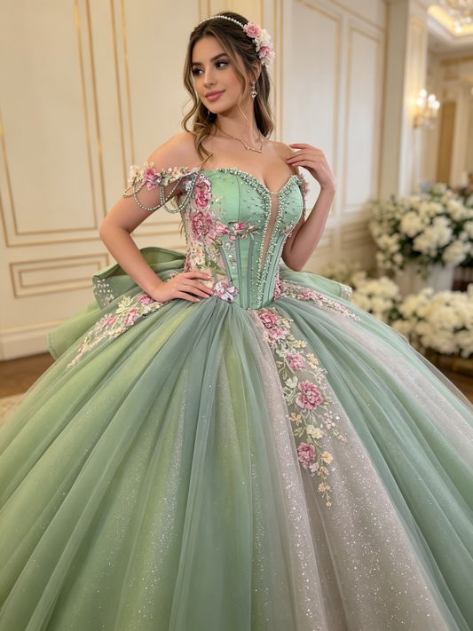 Sage Green Quinceañera Gown | Off‑Shoulder Pearl Chain 3D Floral US0‑US30