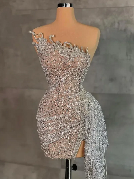 Custom Made Mermaid Silver Beading Sequined Pleated Prom Dresses Miniskirt Short Cocktail Dresses African