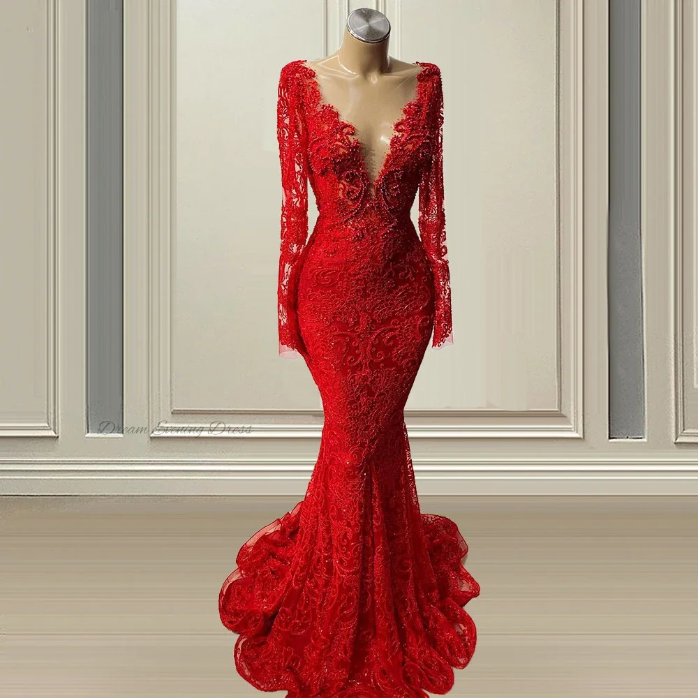 Vestido de noite Dream elegante, decote em V profundo, mangas compridas, vermelho bufante, vestidos de festa com apliques de sereia e contas para mulheres