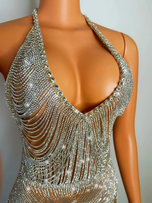 Sparkly Rhinestones Chains V Neck BacklessShort Dress Sexy Birthday Party CelebriateCostume Nightclub Outfit Show Stage Wear