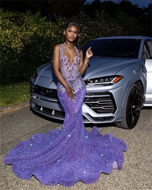 Vestido de baile com strass roxo brilhante e lavanda para meninas negras, com glitter, lantejoulas, cristais e miçangas, vestido de festa à noite