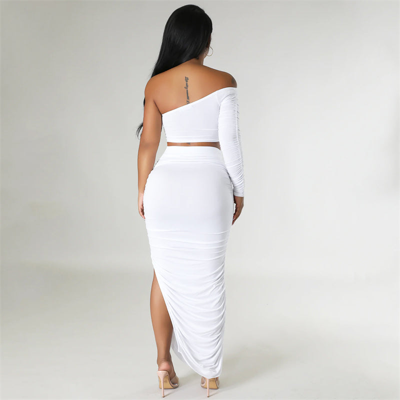 Conjunto de 2 piezas de vestido maxi elegante para mujer, con top corto de un hombro y falda larga fruncida con abertura lateral, ideal para festivales.