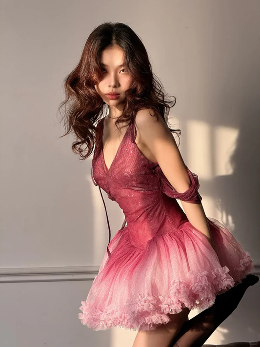 Cute Pink Ombre A Line Spaghetti Strap Sequin Tulle Short Homecoming Dress