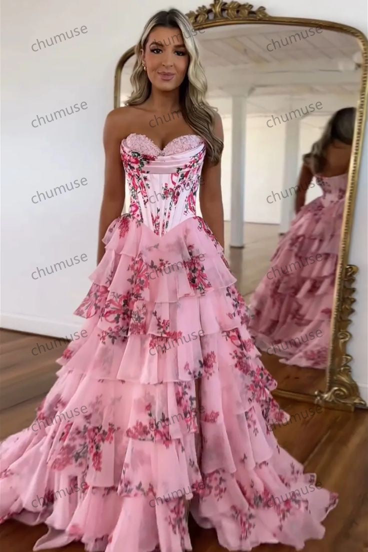 Vestido de fiesta largo de gasa con estampado floral, sin tirantes, color rosa, corte A