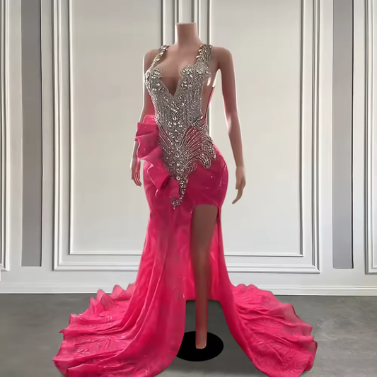 Vestidos de baile longos com strass de luxo 2025 para meninas negras, vestidos de gala de festa de aniversário de sereia sexy com renda rosa personalizados