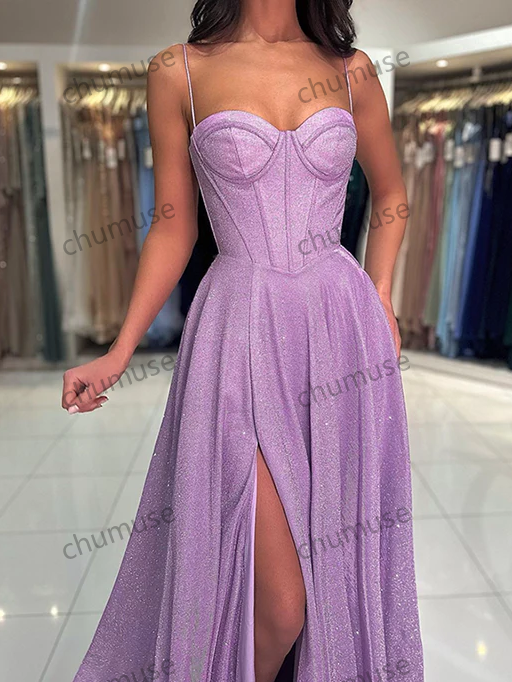 Vestido de graduación morado, falda hasta el suelo con abertura de satén, vestido formal
