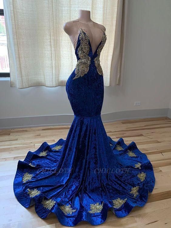 Exquisitos vestidos de fiesta de sirena con escote en V azul, tirantes finos, abalorios, sin mangas y hasta el suelo