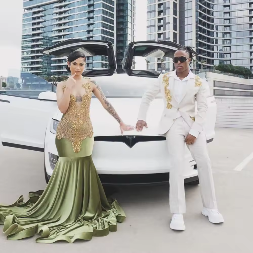 Vestido de fiesta de sirena de terciopelo oliva brillante personalizado para niña negra con cuentas de cristal y diamantes dorados, vestido de fiesta de cumpleaños 2025