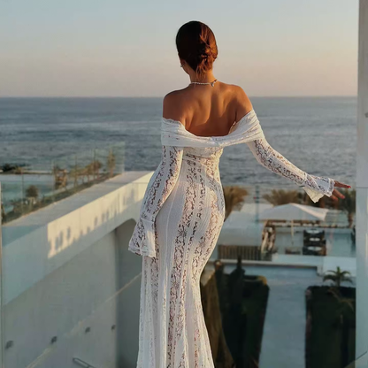 Vestido longo justo de renda feminino, preto, longo, elegante, para festa de casamento, manga flare, vestido de noite