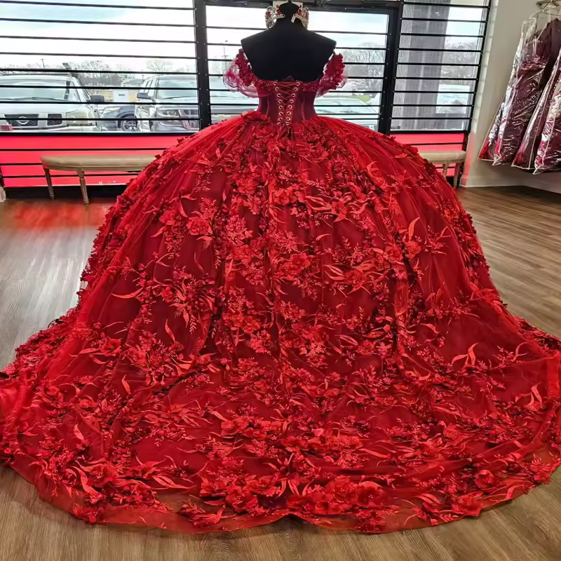 Robe de bal rouge brillante à épaules dénudées, avec appliques florales, perles et cristaux, en tulle, pour fête d'anniversaire, pour les 16 ans