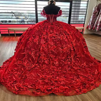 Robe de bal rouge brillante à épaules dénudées, avec appliques florales, perles et cristaux, en tulle, pour fête d'anniversaire, pour les 16 ans
