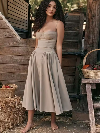 Robe mi-longue élégante d'été, coupe trapèze, col en V, bretelles spaghetti, tenue de soirée décontractée pour femmes, nouveautés