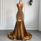 Long Gold Prom Dresses 2023 Real Picture Sheer Top Luxury Sparkly Diamond Velvet Black Girl Mermaid Prom Party Gala Gowns