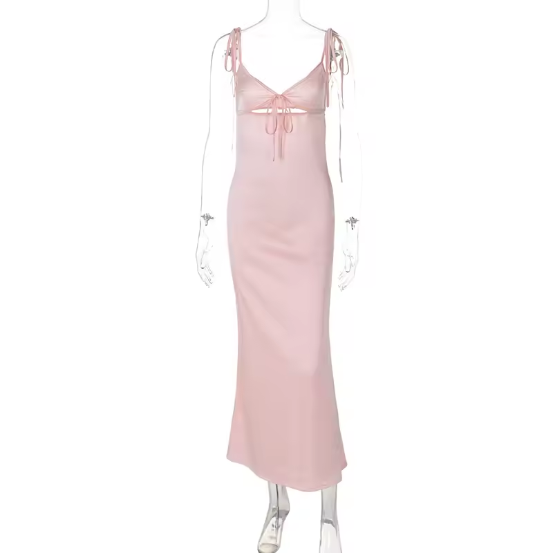V-neck Cut Out Lace-Up Spaghetti Strap Dress For Women Summer Beach Long Dress Fashion Sexy Sleeveless Slim Gown Clothes