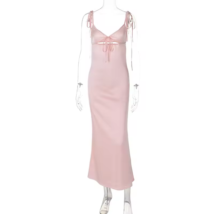 V-neck Cut Out Lace-Up Spaghetti Strap Dress For Women Summer Beach Long Dress Fashion Sexy Sleeveless Slim Gown Clothes