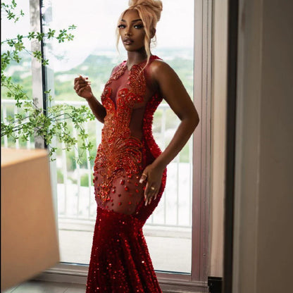 Robe de bal longue noire pour filles, style sirène, paillettes, perles et cristaux, robe de soirée d'anniversaire, personnalisée