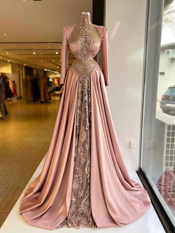 Vestidos de noite rosa com gola alta, manga comprida, apliques de renda, corte A, com contas, vestidos formais de baile, feitos sob medida, tamanho grande, para concursos