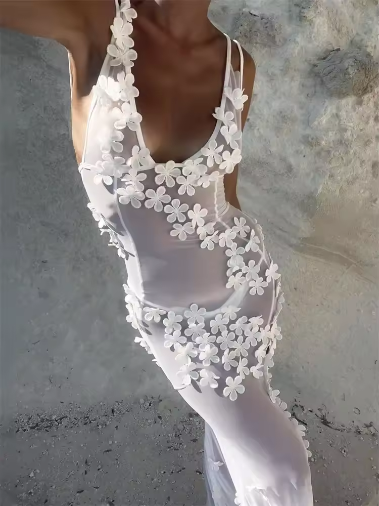 Vestido blanco floral para mujer, vestido maxi transparente ajustado de gasa con encaje de verano para bodas, fiestas y noches.