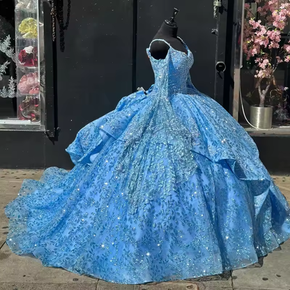 Customized Blue Long Sleeve Quinceanera Dress Off Shoulder Beads With Cape Sweet 16 Dress XV Vestidos De 15 Anos