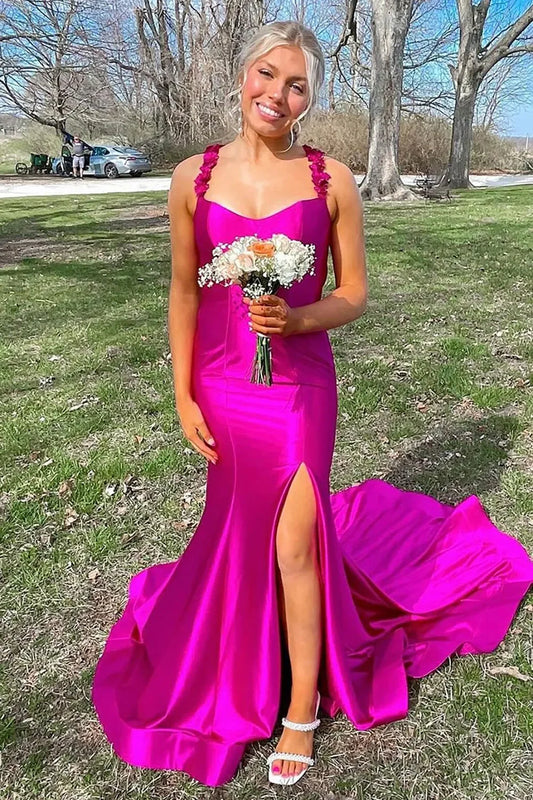 Vestido de fiesta largo de satén con escote de sirena rojo, tirantes finos y abertura en la espalda