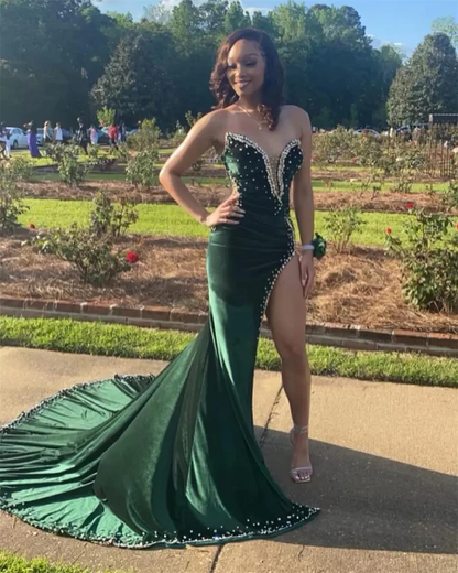 Vestidos de fiesta negros para chicas, vestido de fiesta largo de sirena verde con cola