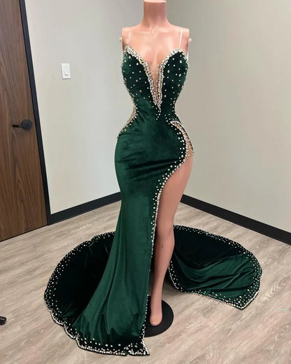 Vestidos de fiesta negros para chicas, vestido de fiesta largo de sirena verde con cola