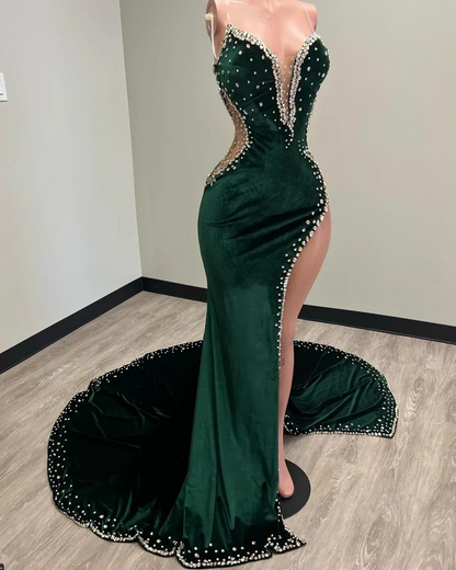 Vestidos de fiesta negros para chicas, vestido de fiesta largo de sirena verde con cola