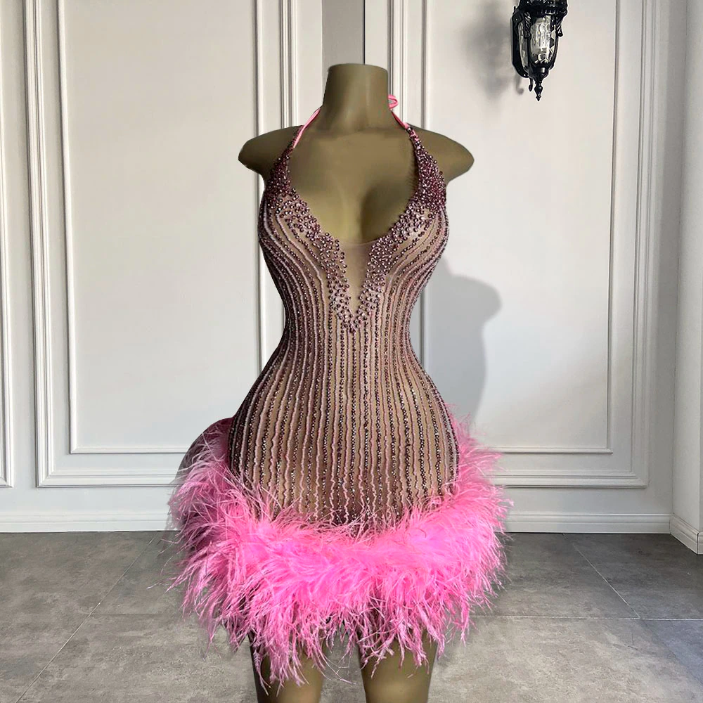 Vestidos formais de festa de aniversário femininos sensuais e transparentes, feitos à mão, com contas, penas rosa e pretas, vestidos curtos de baile para meninas 