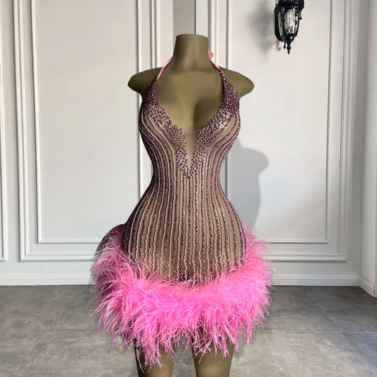 Vestidos formais de festa de aniversário femininos sensuais e transparentes, feitos à mão, com contas, penas rosa e pretas, vestidos curtos de baile para meninas 
