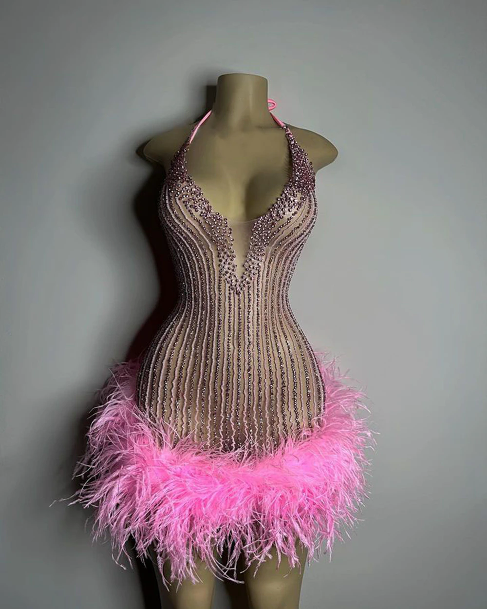 Vestidos formais de festa de aniversário femininos sensuais e transparentes, feitos à mão, com contas, penas rosa e pretas, vestidos curtos de baile para meninas 