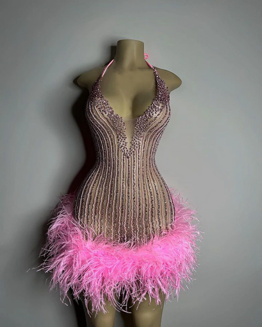 Vestidos formais de festa de aniversário femininos sensuais e transparentes, feitos à mão, com contas, penas rosa e pretas, vestidos curtos de baile para meninas 