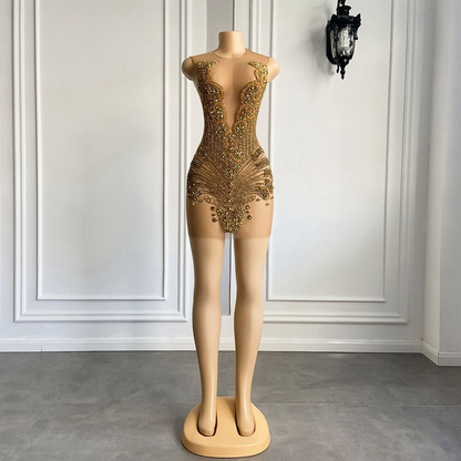 فساتين سهرة قصيرة شفافة للنساء، مناسبة للمناسبات الرسمية، حفلات أعياد الميلاد، حفلات الكوكتيل، باللون الذهبي، الماسي، باللون الأسود. 