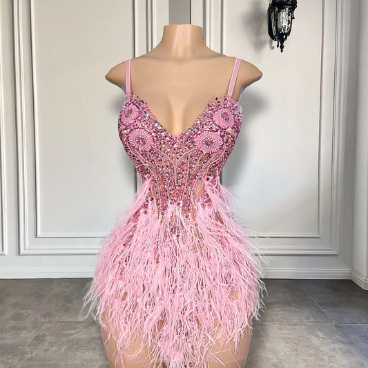 Lindos vestidos curtos de baile africanos com cristais de diamante rosa, estilo mini penas, vestidos formais para festa de aniversário 