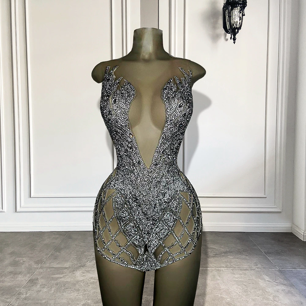 Luxury Sparkly Silver Diamond Women Formal Occasion Birthday Party Gowns Sexy See Through African Black Girls Short Prom Dresses