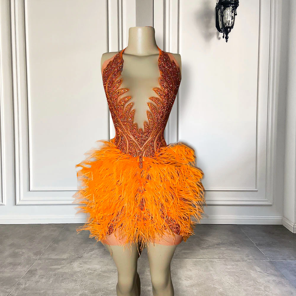 Robe de soirée courte et sexy à paillettes orange et diamants pour femme, tenue de soirée formelle, de bal, de soirée ... 