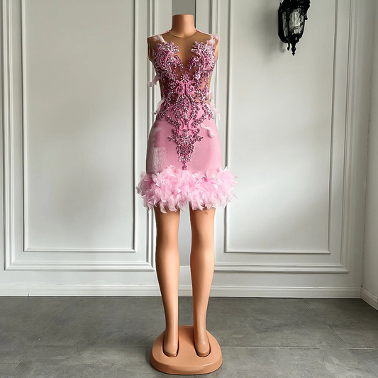 Vestidos formais para festa de aniversário com coquetel, malha transparente, bordado com miçangas, veludo rosa, preto, para meninas, vestidos curtos de baile 