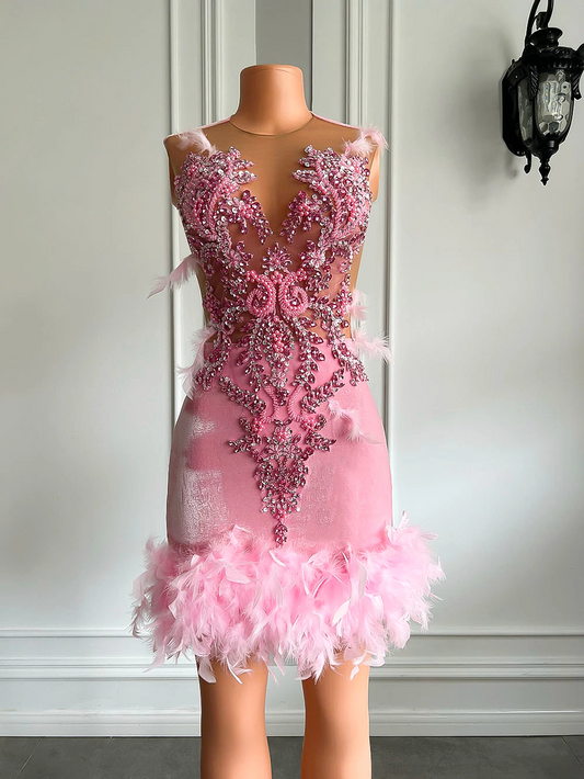 Vestidos formais para festa de aniversário com coquetel, malha transparente, bordado com miçangas, veludo rosa, preto, para meninas, vestidos curtos de baile 