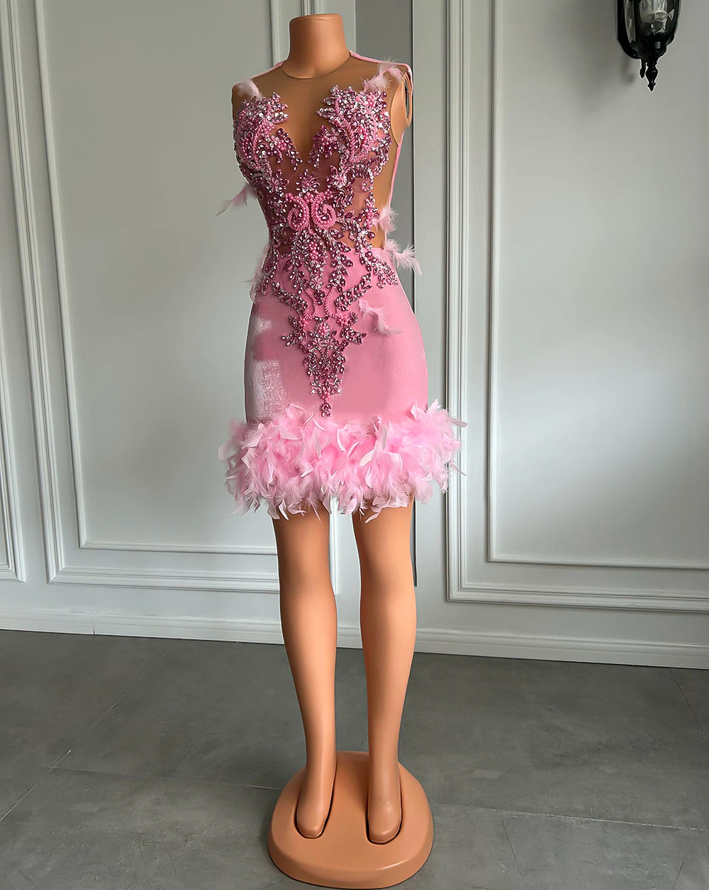 Robe de soirée courte en maille transparente pour femme, tenue de cocktail, d'anniversaire, brodée de perles, en velours rose et noir 