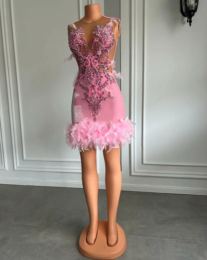 Robe de soirée courte en maille transparente pour femme, tenue de cocktail, d'anniversaire, brodée de perles, en velours rose et noir 