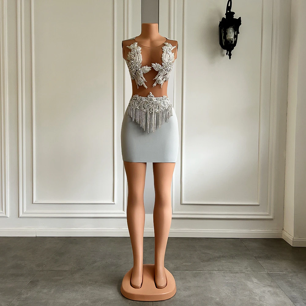 Robe de soirée courte en maille transparente pour fille, tenue de soirée courte et scintillante en spandex argenté et diamants 