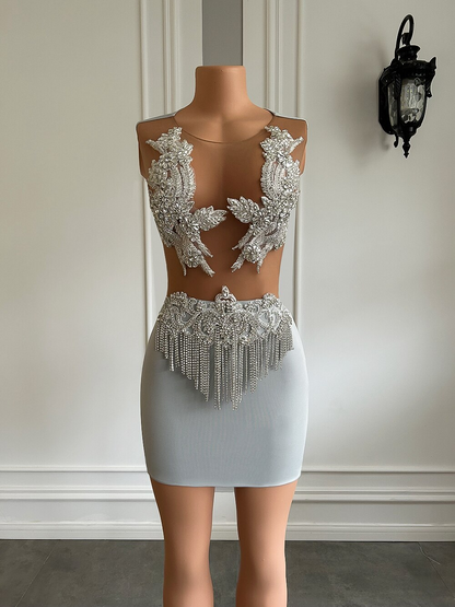 Robe de soirée courte en maille transparente pour fille, tenue de soirée courte et scintillante en spandex argenté et diamants 