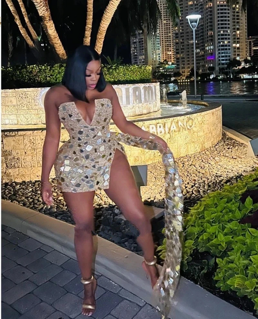 فساتين سهرة ذهبية لامعة مرصعة بالخرز من Vestidos De Gala فساتين حفلات قصيرة سوداء للفتيات لحفلات أعياد الميلاد والكوكتيل 