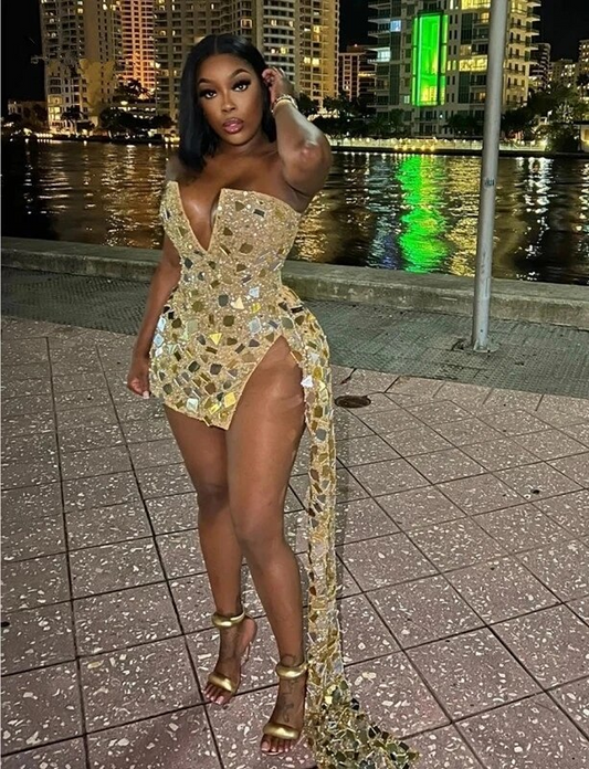 فساتين سهرة ذهبية لامعة مرصعة بالخرز من Vestidos De Gala فساتين حفلات قصيرة سوداء للفتيات لحفلات أعياد الميلاد والكوكتيل 