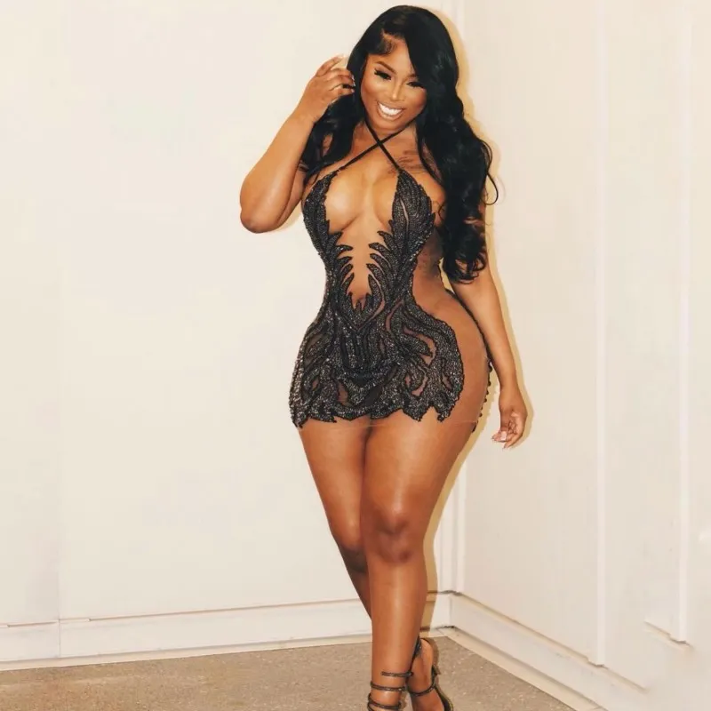 Petite robe de bal noire pour femme, transparente, avec strass, tenue de soirée africaine, robe de cocktail 