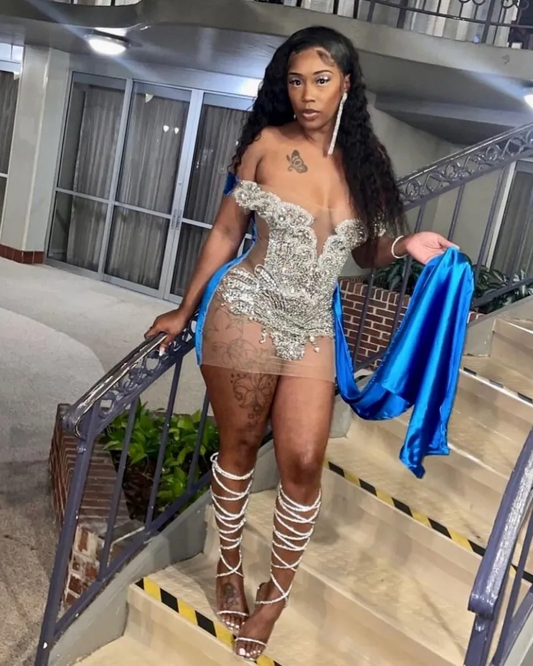 Vestidos de aniversário transparentes com miçangas para mulheres, vestido curto de festa com strass e cauda, ​​vestidos de baile pretos para meninas, vestidos de gala 