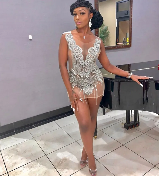 Vestido de baile curto elegante com strass, decote transparente, justo, para mulheres, vestidos de aniversário, com borlas, vestidos de gala, pretos, para meninas, vestidos de festa 