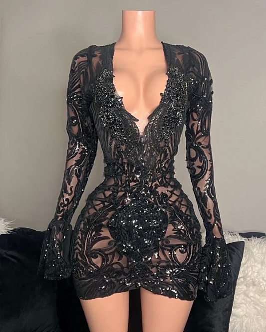 فساتين سهرة سوداء قصيرة مثيرة بأكمام طويلة وفساتين حفلات أعياد ميلاد قصيرة مزينة بالترتر 